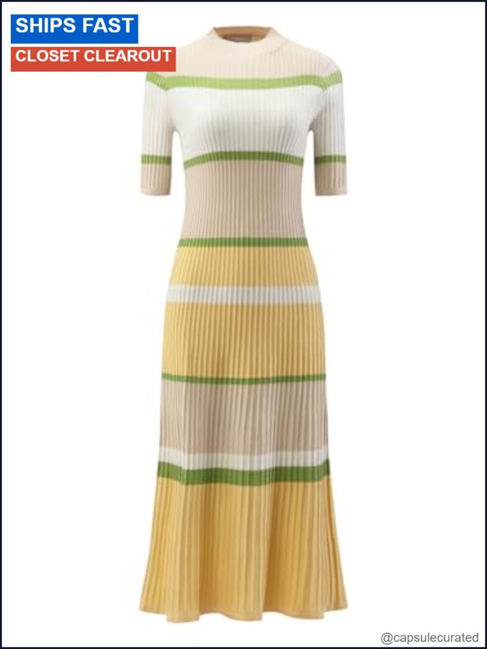 Knit Striped Midi Dress Short Sleeve Ribbed Sweater Dress